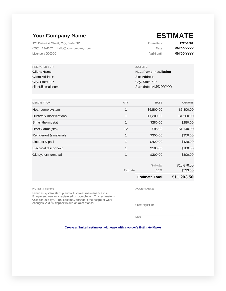 HVAC estimate template for Google Sheets