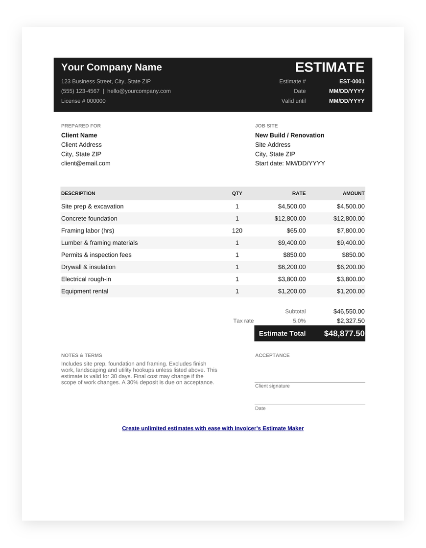 Construction estimate template for Google Sheets