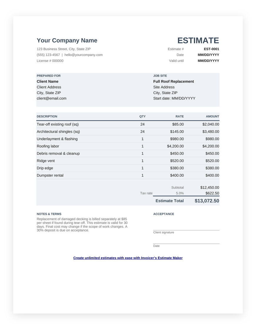 Roofing estimate template for Google Sheets