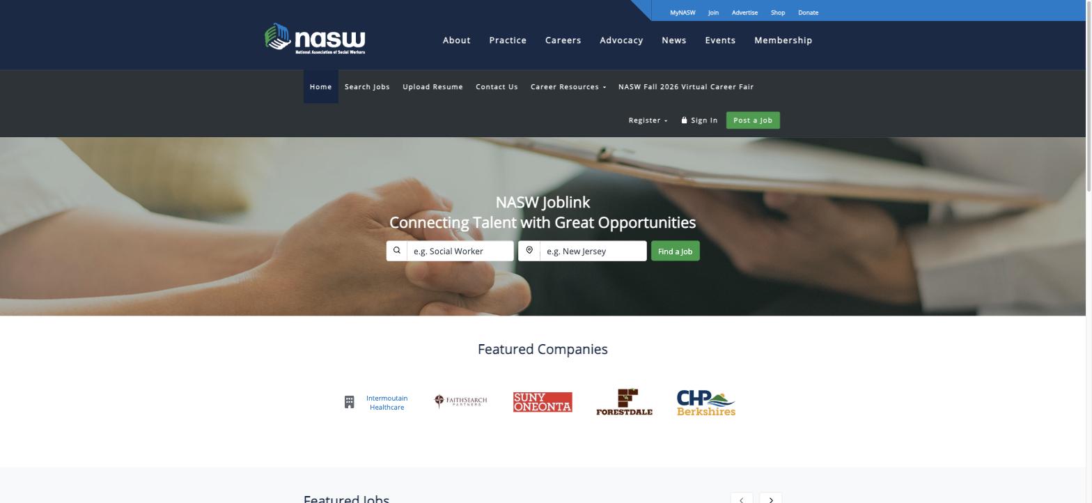 NASW JobLink career center, built on Web Scribble career center software for associations