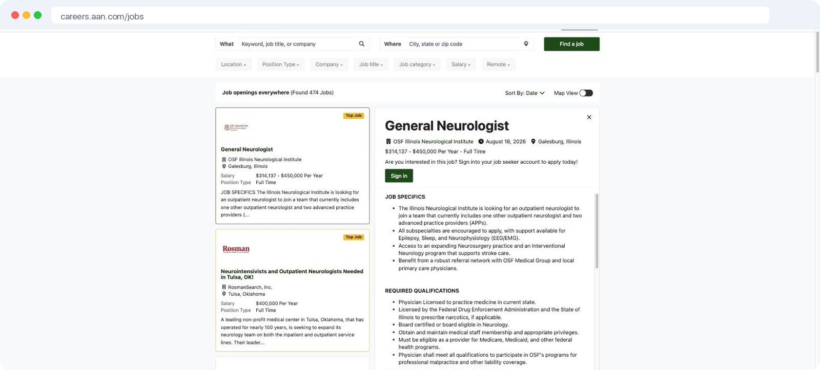 Association job board software: job search and listing on the AAN Neurology Career Center, built by Web Scribble
