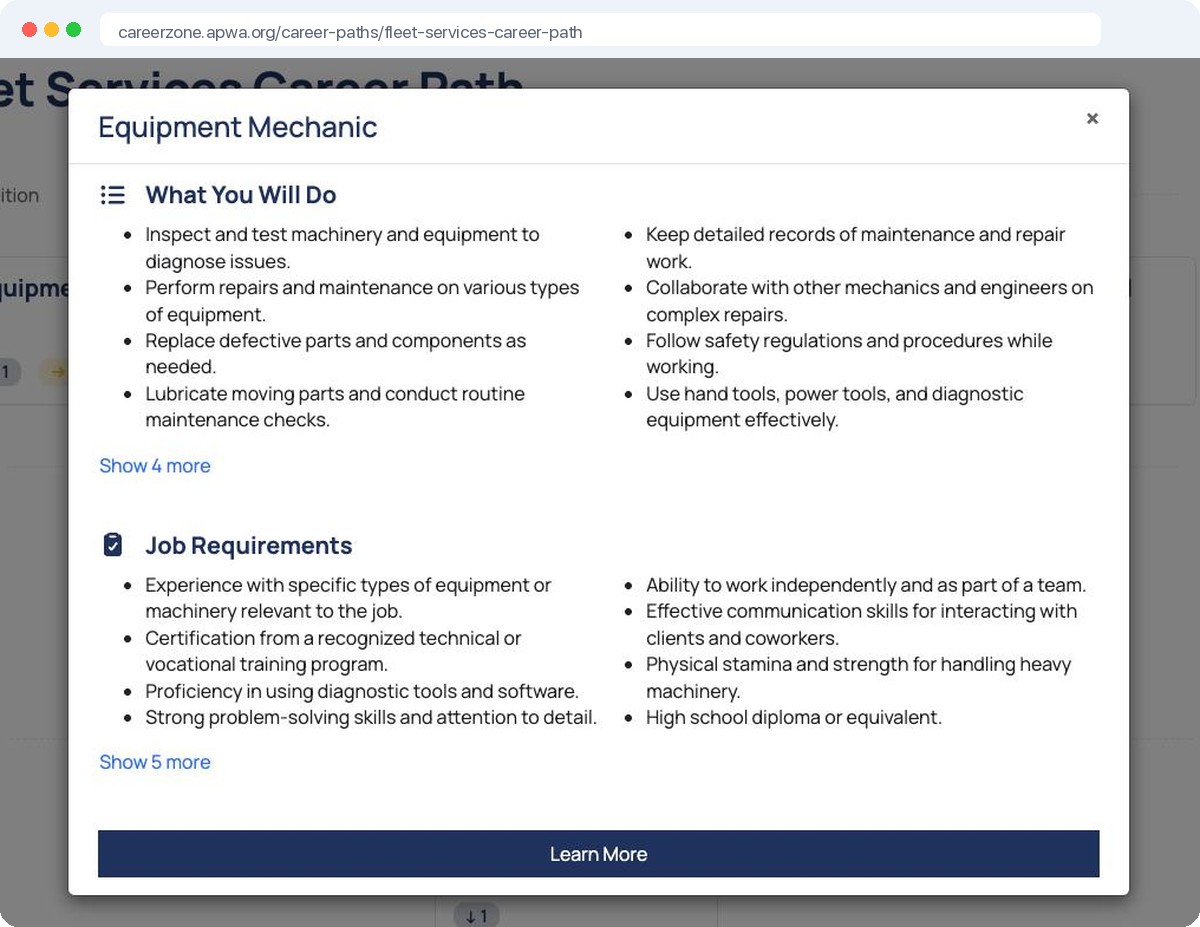 A role opened from a career map, showing what the person does and the job requirements