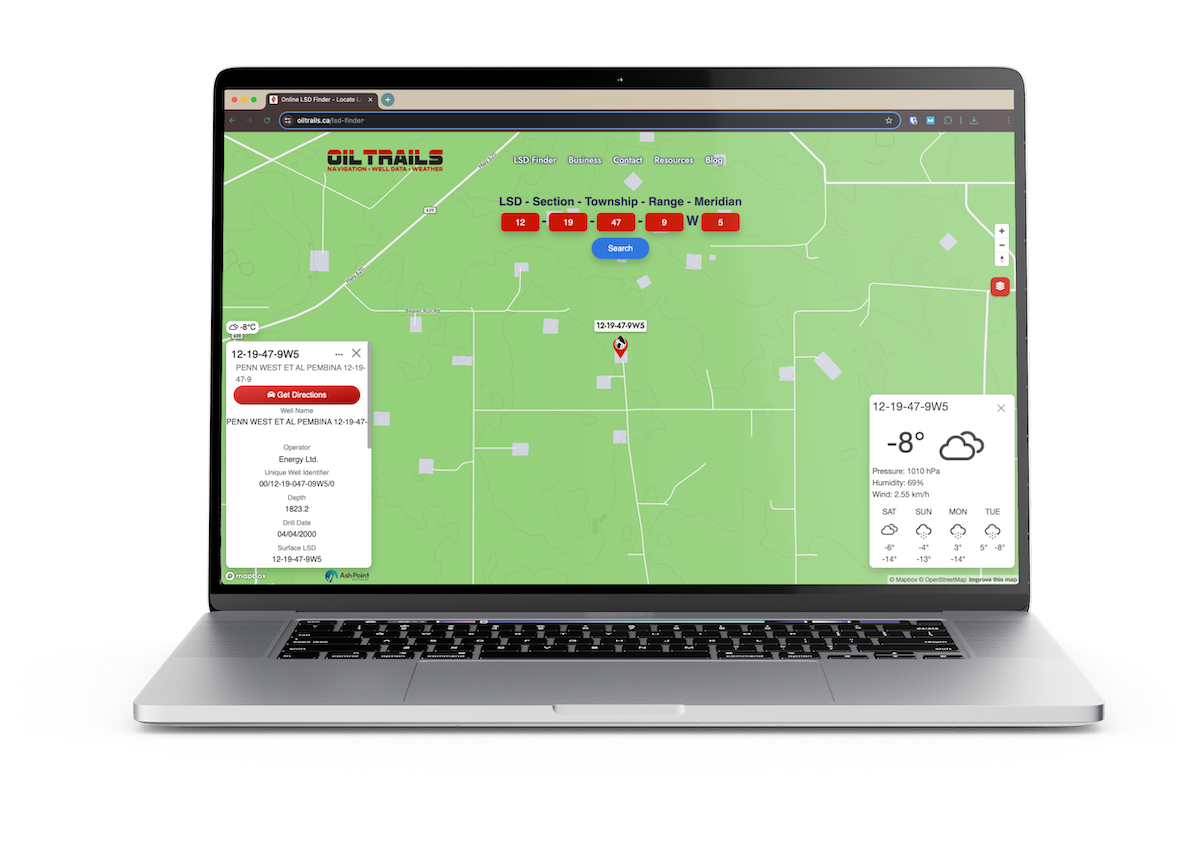 A laptop showing the oiltrails.ca website with Mapbox GL JS implementation.