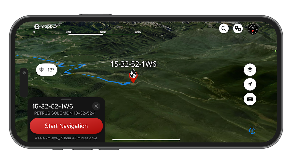 iPhone in landscape orientation showing the OilTrails app featuring a Mapbox 3D satellite view of an oilfield location among a mountainous terrain.