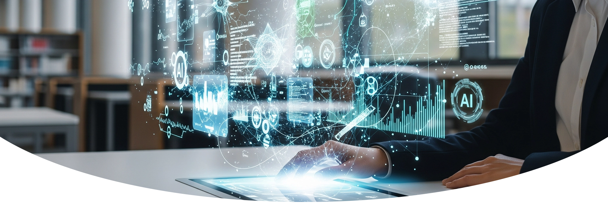iDesign press release hero image with a person in a business suit using a futuristic digital tablet in a modern library, with glowing holographic AI graphics, charts, and data visualizations projected above the screen.