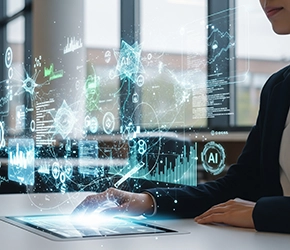 iDesign and Quality Matters press release hero image with a person in a business suit using a futuristic digital tablet in a modern library, with glowing holographic AI graphics, charts, and data visualizations projected above the screen.