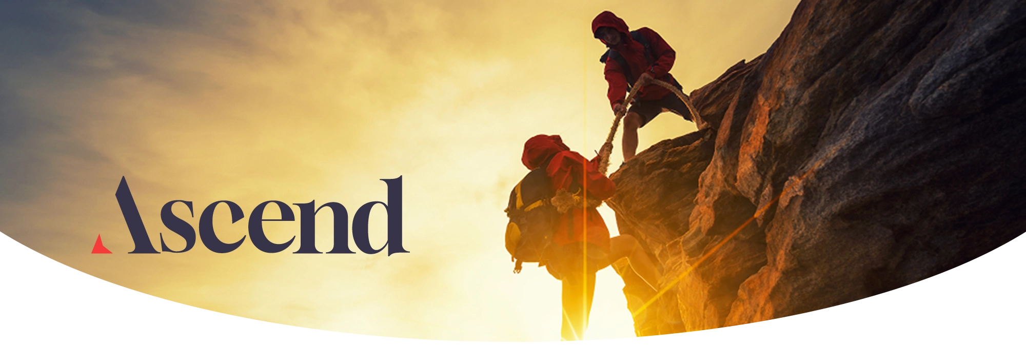 Ascend Partners logo overlaid on an image of two climbers helping each other ascend a rocky mountain at sunset.