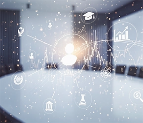 Abstract image of a modern boardroom with glowing digital icons representing education, research, finance, and growth, overlaid with data graphs and network lines.