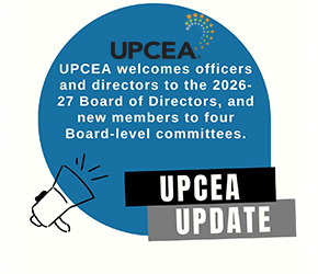Circular blue graphic with UPCEA branding. Text reads “UPCEA welcomes officers and directors to the 2026–27 Board of Directors, and new members to four Board-level committees.” A megaphone icon appears on the left. A label at the bottom reads “UPCEA Update.”