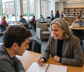 A faculty member and student discuss a course topic in a large open shared workspace. 