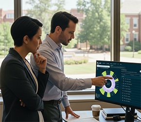 A man and woman collaborating using the iDesign Align interface on a desktop monitor. The screen shows a detailed radial chart and data list, emphasizing a modern, analytical workspace with a university campus in the background.