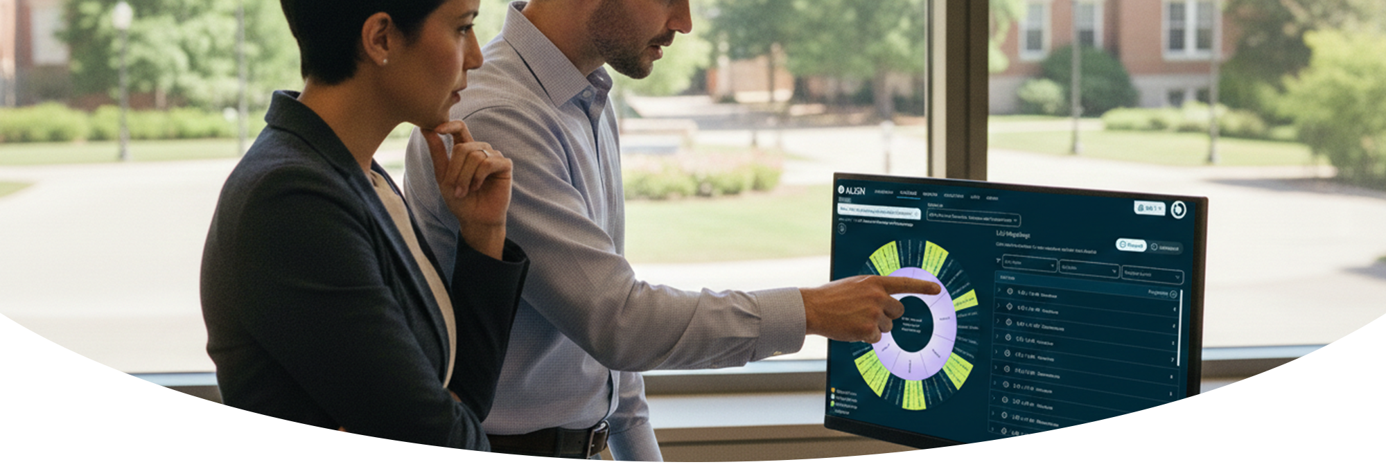A man and woman collaborating using the iDesign Align interface on a desktop monitor. The screen shows a detailed radial chart and data list, emphasizing a modern, analytical workspace with a university campus in the background.