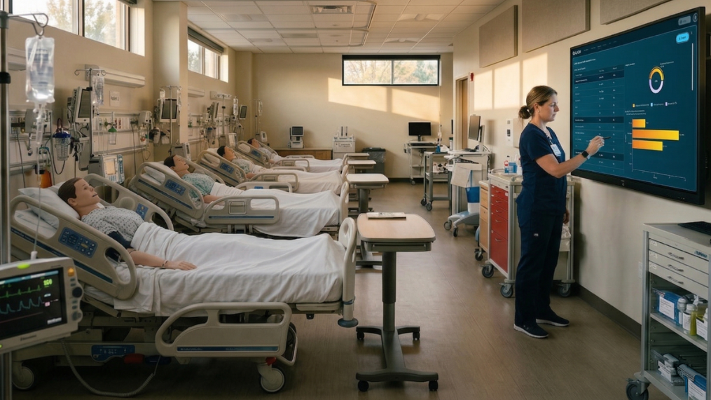 Nursing professionals engaging with digital curriculum tools and AI-assisted platforms in healthcare and academic settings, supporting program design and accreditation alignment.