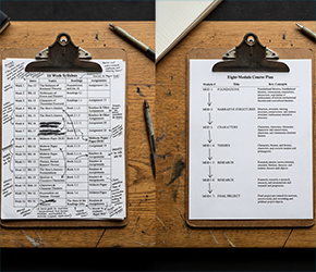 Desk background showing the transformation from a cluttered, confusing syllabus to a clear, step-by-step course plan.