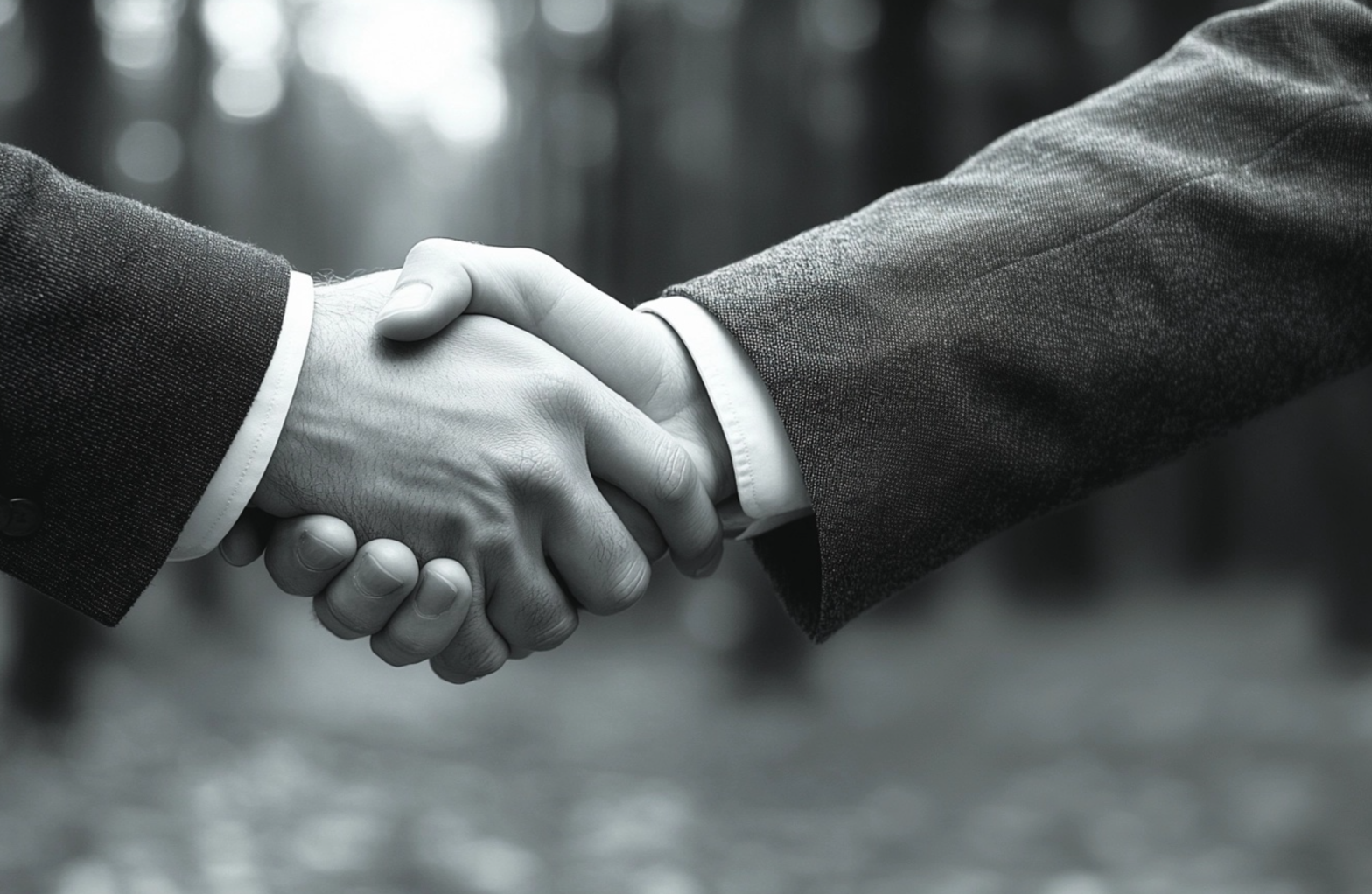 A black and white photo of a handshake 