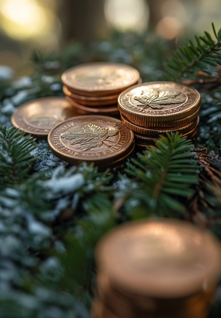 Photo of a stake of coins on top of some pine leaves