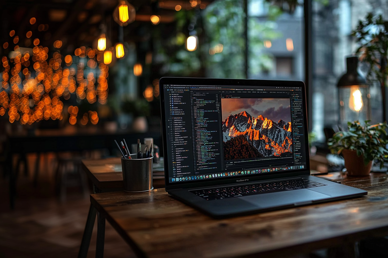A Macbook laptop in a industrial office setting