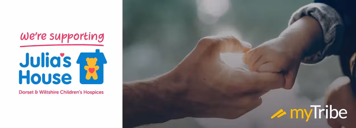 Father and little son holding hands with the Julias House and myTribe Insurance Expert logos overlayed 