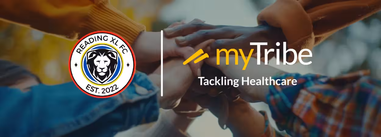Hands meeting in the middle supporting each other, myTribe logo and Reading XLFC logo overlaid 