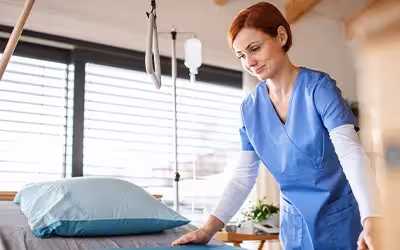 Nurse changing sheets on bed in private hospital. Private hospital groups in the UK.
