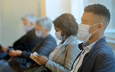 People waiting in an NHS hospital for an appointment. NHS waiting lists.