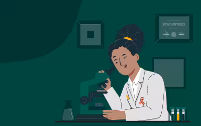 Illustration of a cancer researcher looking at blood samples in her microscope. Cancer In Young People In The UK