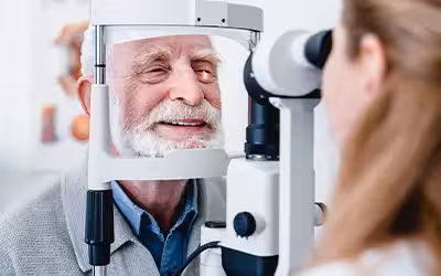 Smiling cheerful elderly patient being checked on eye by female ophthalmic doctor. Cost of private cataract surgery UK.