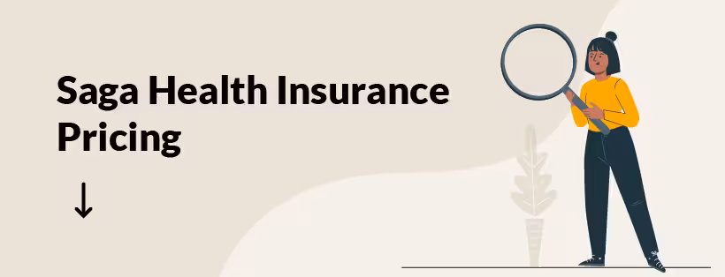 Illustration of a woman examining a large magnifying glass beside bold text reading "Sage Health Insurance Pricing", with a downward arrow indicating more information below.
