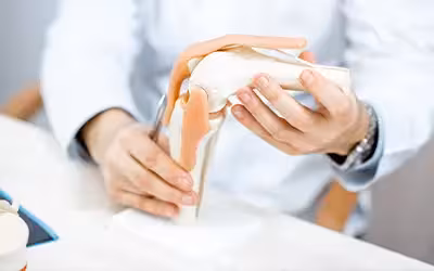 Close-up of the therapist showing knee joint model during the medical consultation. Cost private knee replacement UK.