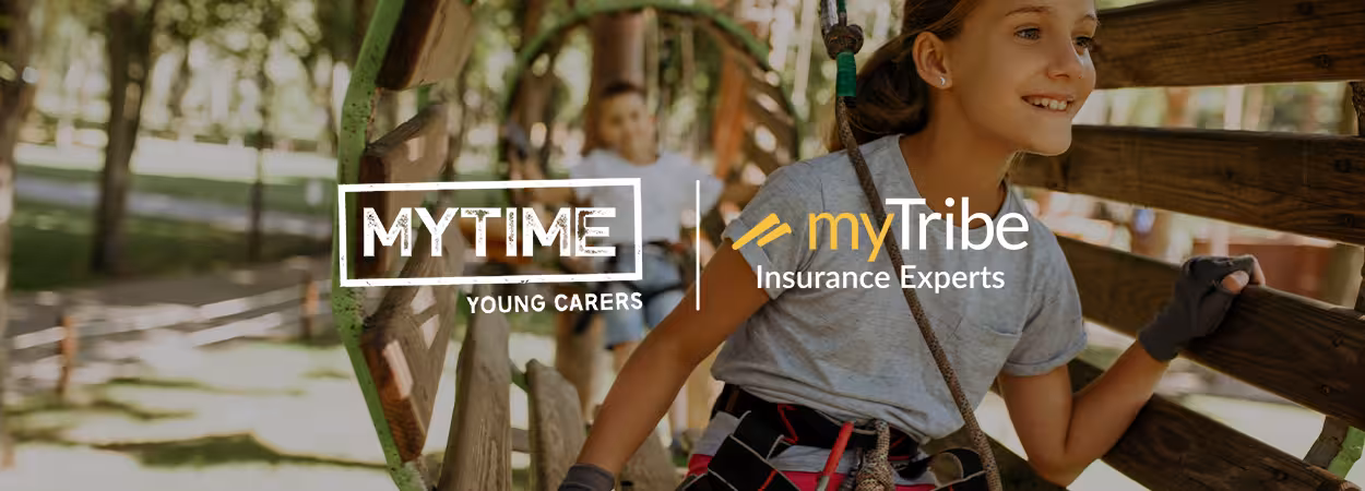 Smiling girl climbing in a rope park having fun with the MYTIME and myTribe Insurance Expert logos overlayed 