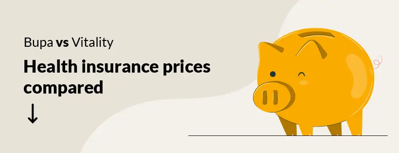Illustration of a piggy bank. Text reads: 'Bupa vs Vitality – Health insurance prices compared' with a downward arrow.