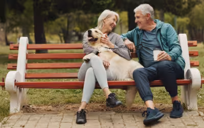 Smiling, older couple sat on a park bench with their golden labrador dog on their laps. How to Pay for Private Healthcare in Retirement.