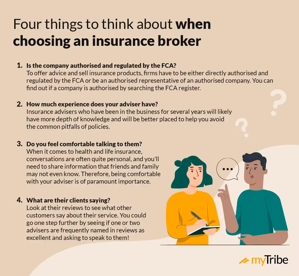 An illustration of two individuals engaged in conversation. The text overlay reads: "Four things to think about when choosing an insurance broker: Is the company authorised and regulated by the FCA? How much experience does your adviser have? Do you feel comfortable talking to them? What are their clients saying?"