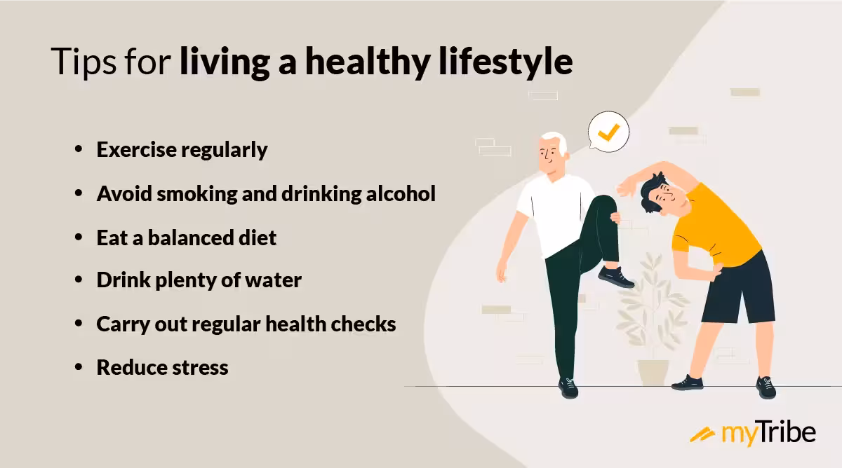 An illustration of 2 people exercising together. The text on the graphic reads: " Tips for living a healthy lifestyle: Exercise regularly;  Avoid smoking and drinking alcohol; Eat a balanced diet; Drink plenty of water; Carry out regular health checks; Reduce stress."
