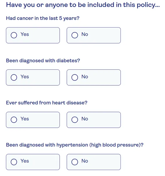 Screenshot of Saga's questions in health insurance quote process