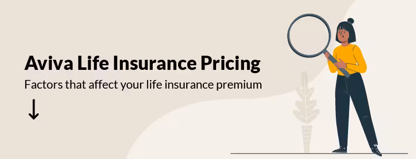 An illustration of a woman holding a large magnifying glass next to the text "Aviva Life Insurance Pricing – Factors that affect your life insurance premium"