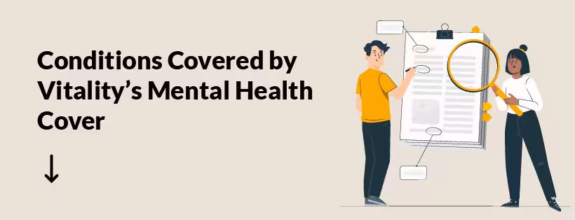 Header graphic reading 'Conditions Covered by Vitality's Mental Health Cover' with an illustration of two people reviewing a large document, one holding a magnifying glass."
