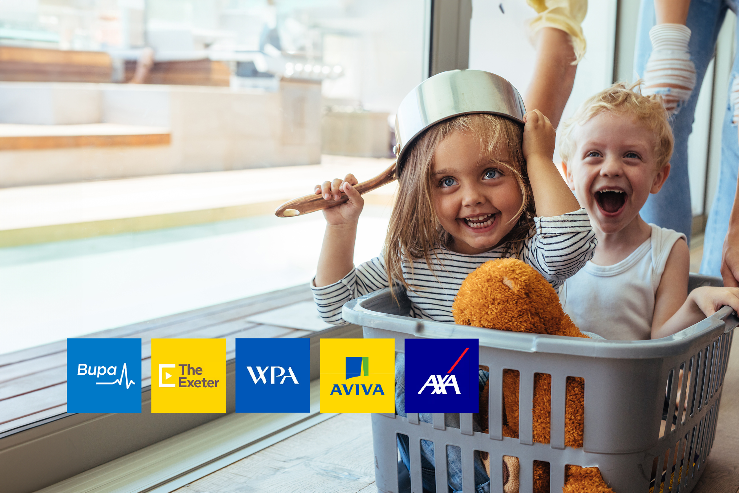 Two laughing children play in a laundry basket, with Bupa, The Exeter, WPA, Aviva and AXA logos