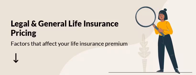 Illustration of a woman holding a magnifying glass, next to the text: Legal & General Life Insurance Pricing. Factors that affect your life insurance premium."