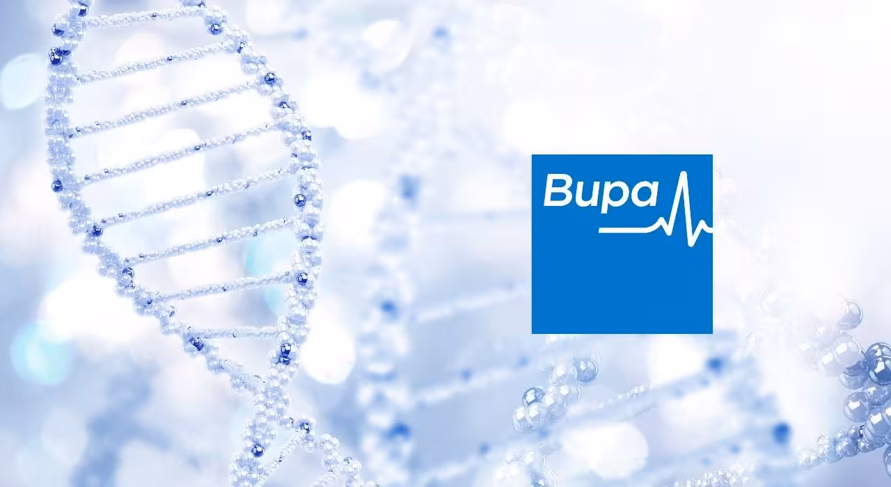 Illustration of a pale blue DNA double helix on a white background, with the Bupa logo to the right.
