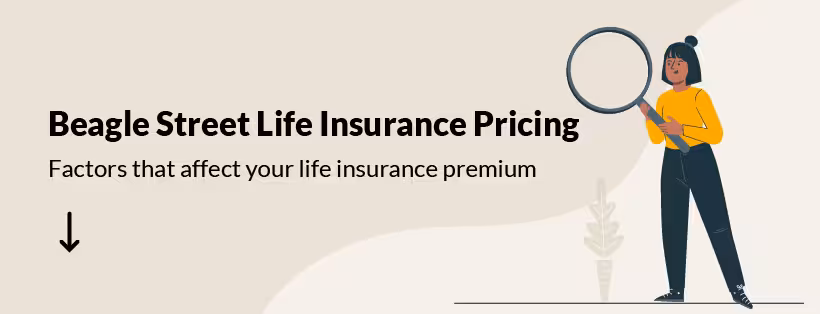 An illustration of a woman holding a large magnifying glass next to the text " Beagle Street Life Insurance Pricing – Factors that affect your life insurance premium"