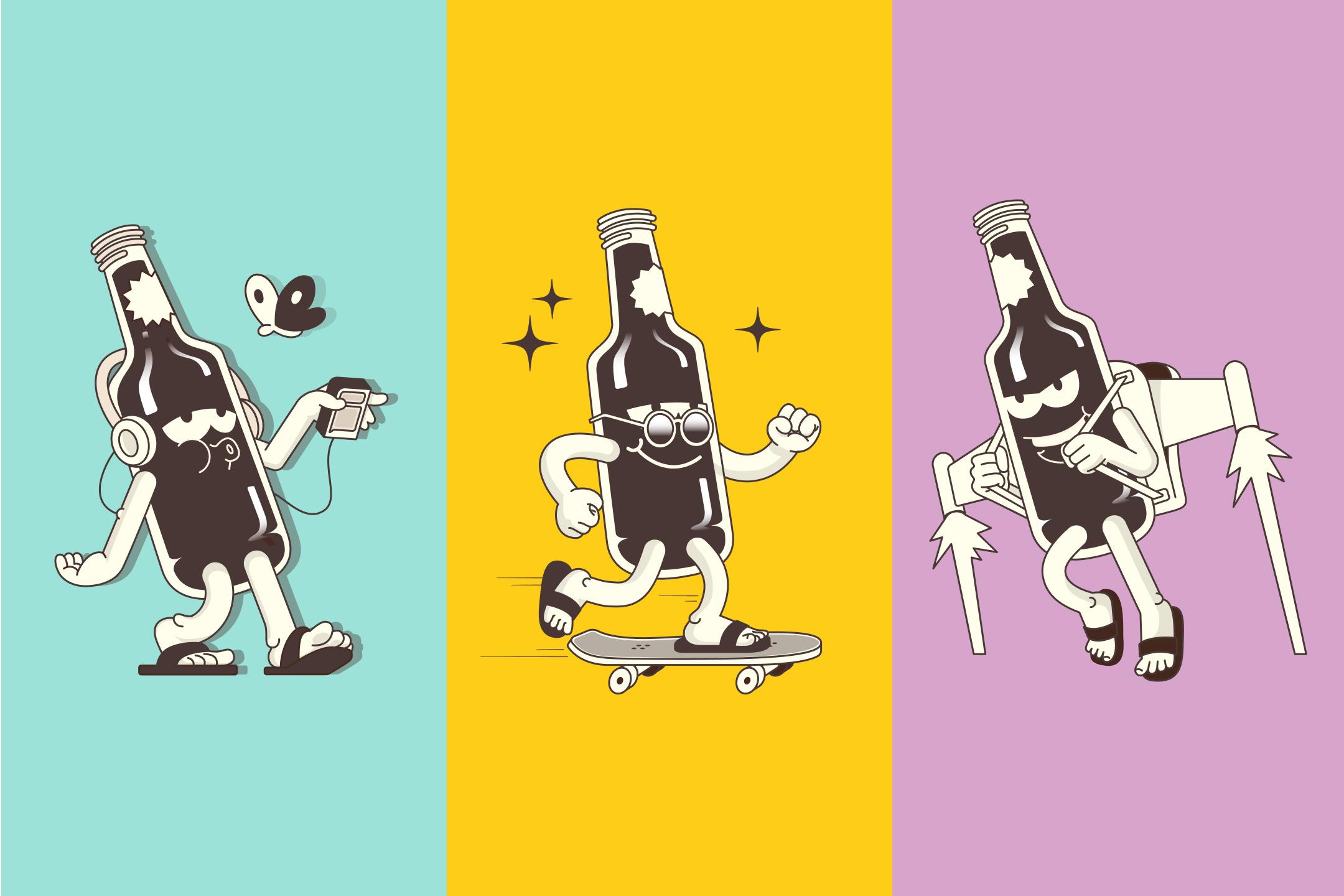 Gabru mascot variations showing different outfits and activities used to distinguish Theka Coffee flavours and coffee strengths.