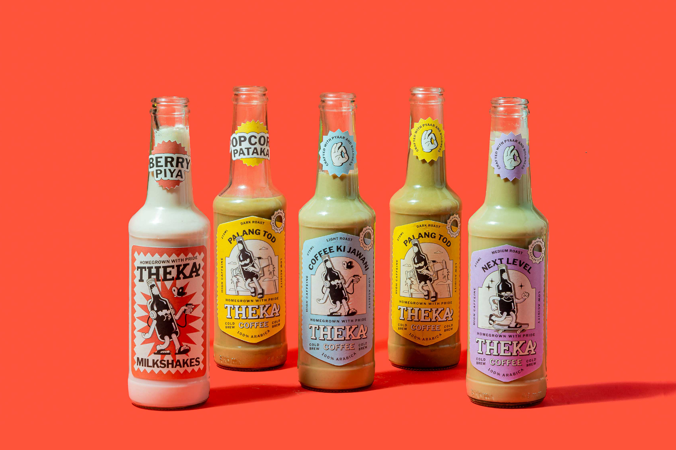 Theka Coffee packaging rebrand showing the complete range of bottled cold coffees and the Studio Sorted visual identity system.