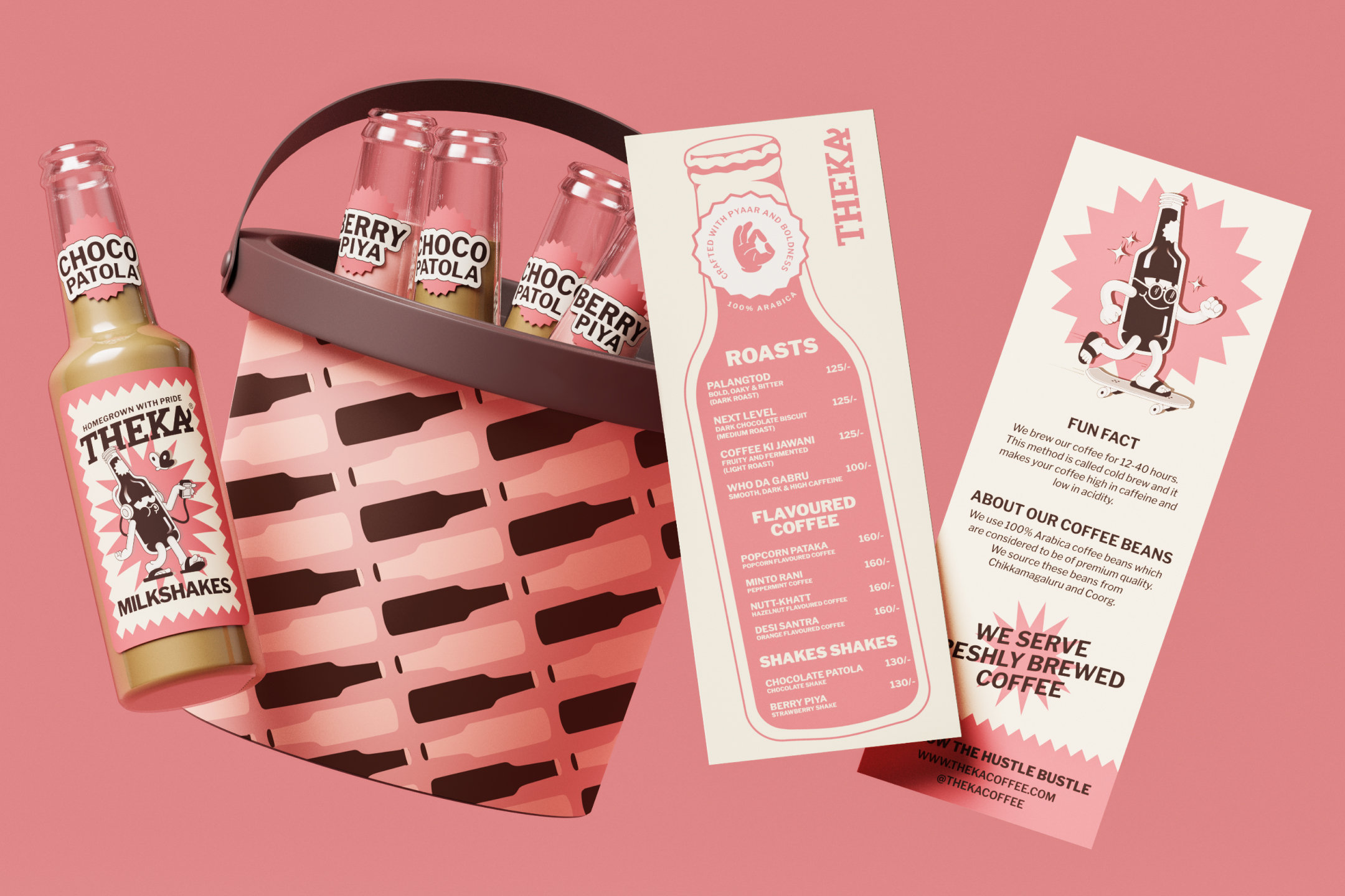Theka Coffee brand identity applications across menu design, packaging, advertising and digital experiences by Studio Sorted.