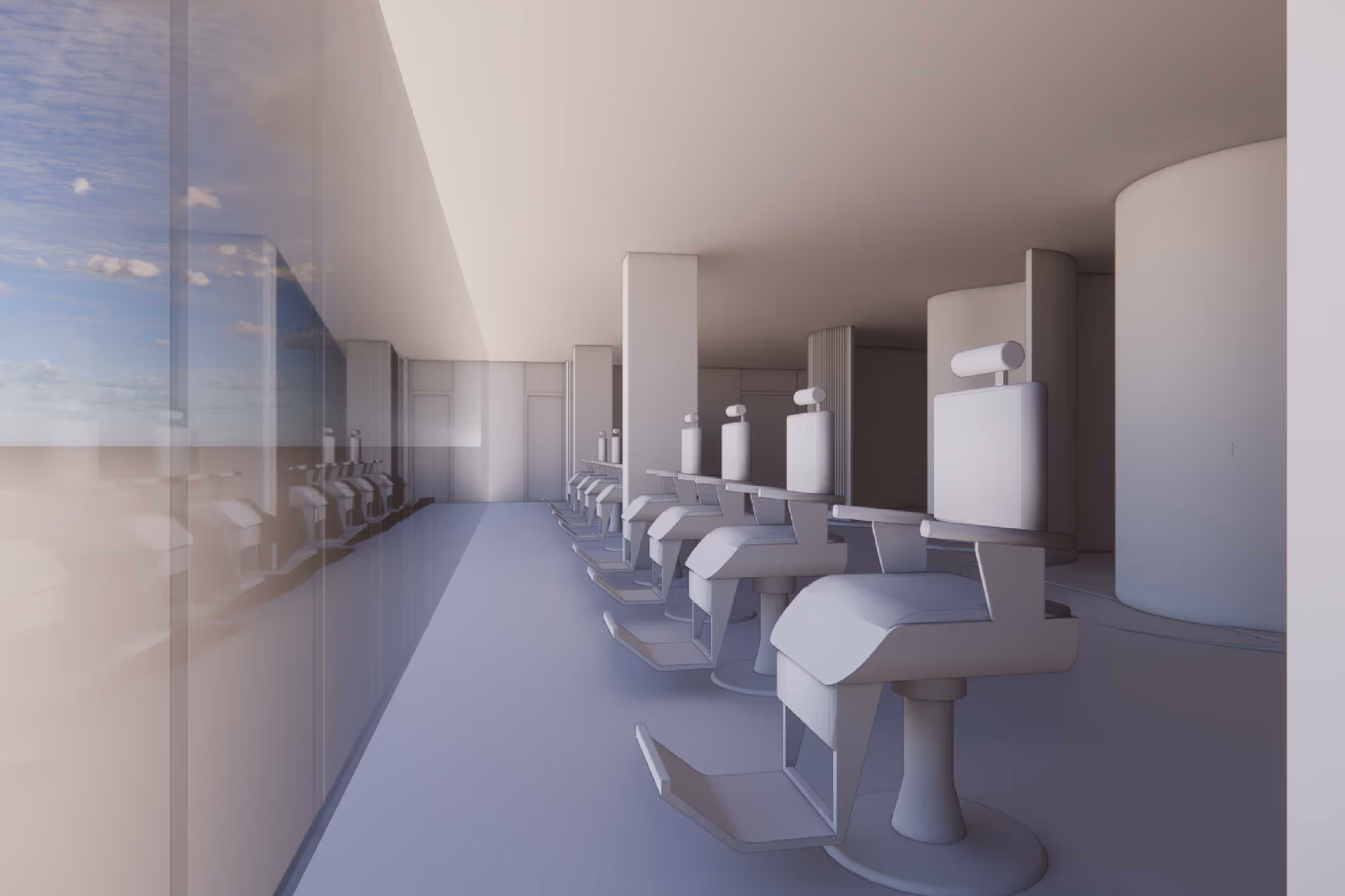 salon naked render: cutting stations