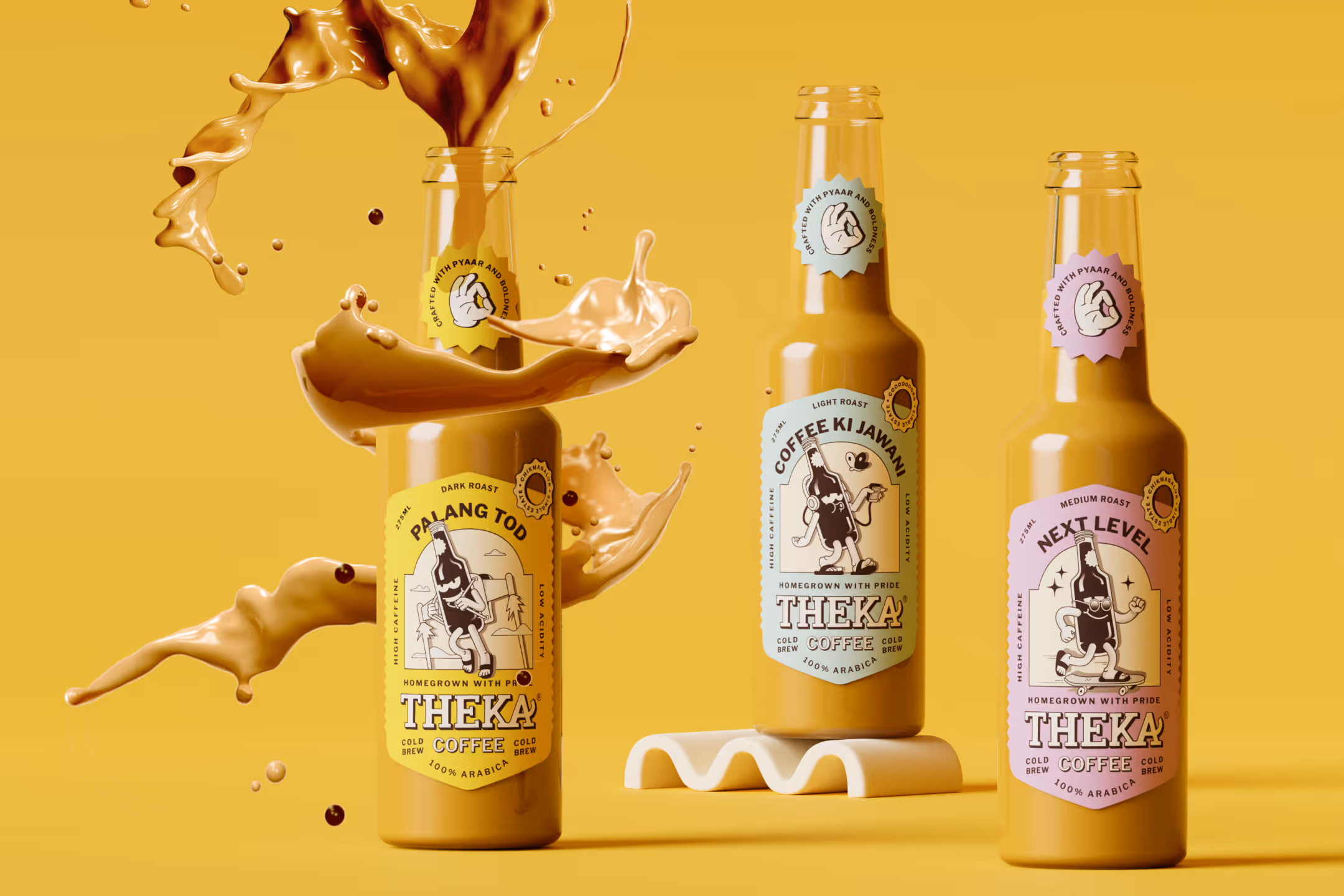 theka coffee splashing from a beautiful bottle