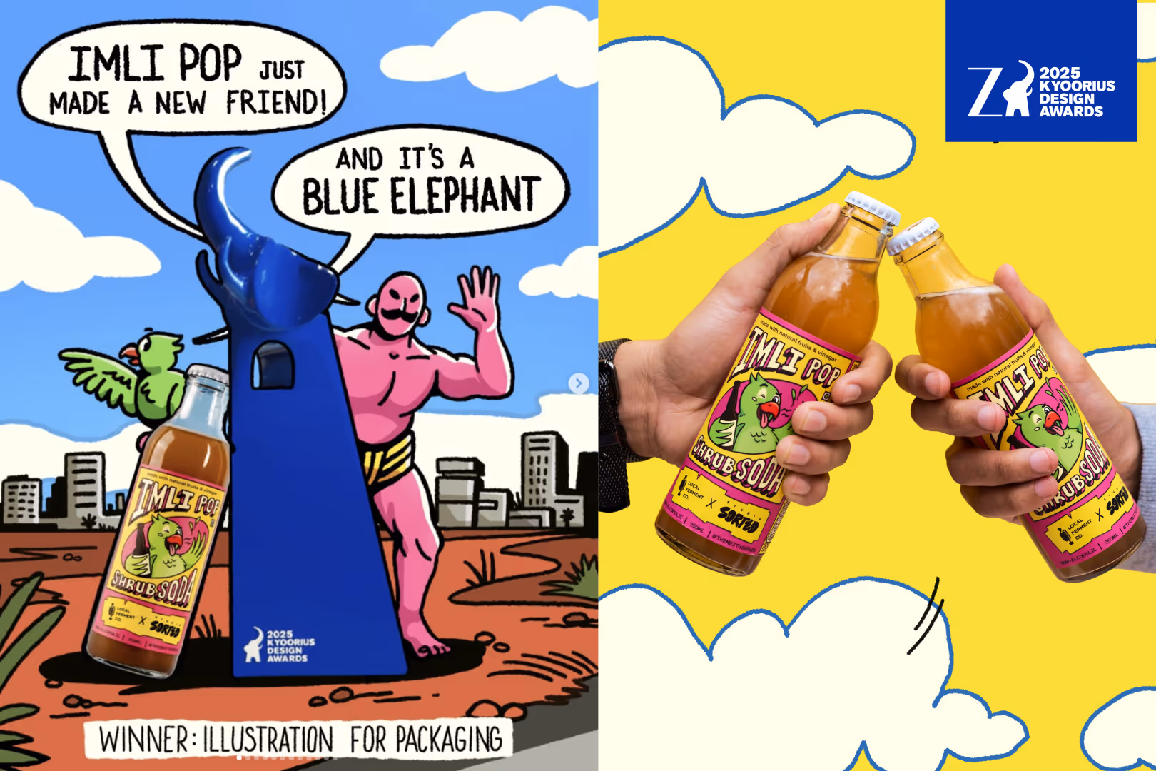 Imli Pop tamarind shrub soda bottle with nostalgic Indian matchbox art inspired packaging design