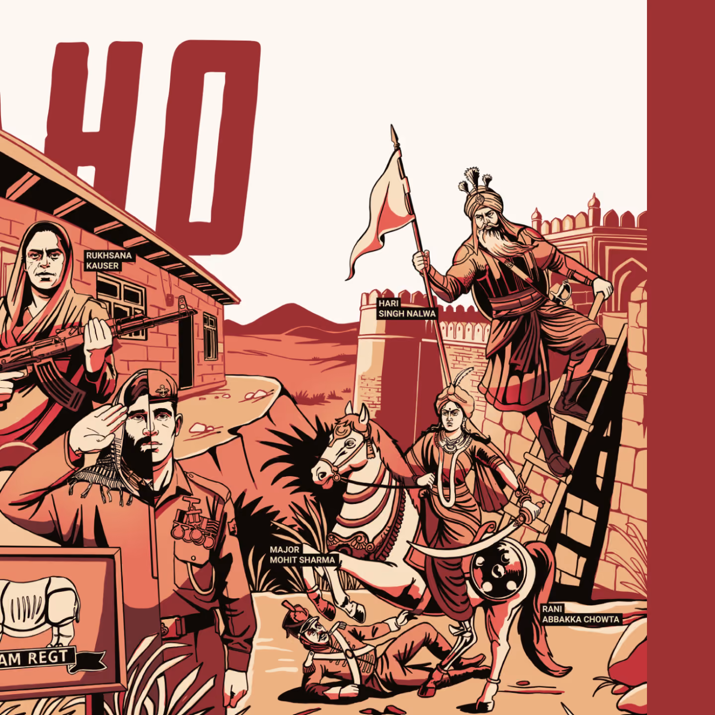 Illustration featuring labeled figures including Rukhsana Kauser holding a rifle at a brick building, Major Mohit Sharma in military uniform saluting, Hari Singh Nalwa climbing a ladder holding a flag on a fort wall, and Rani Abbakka Chowta on horseback with a sword and shield near a stone fort and mountainous landscape.