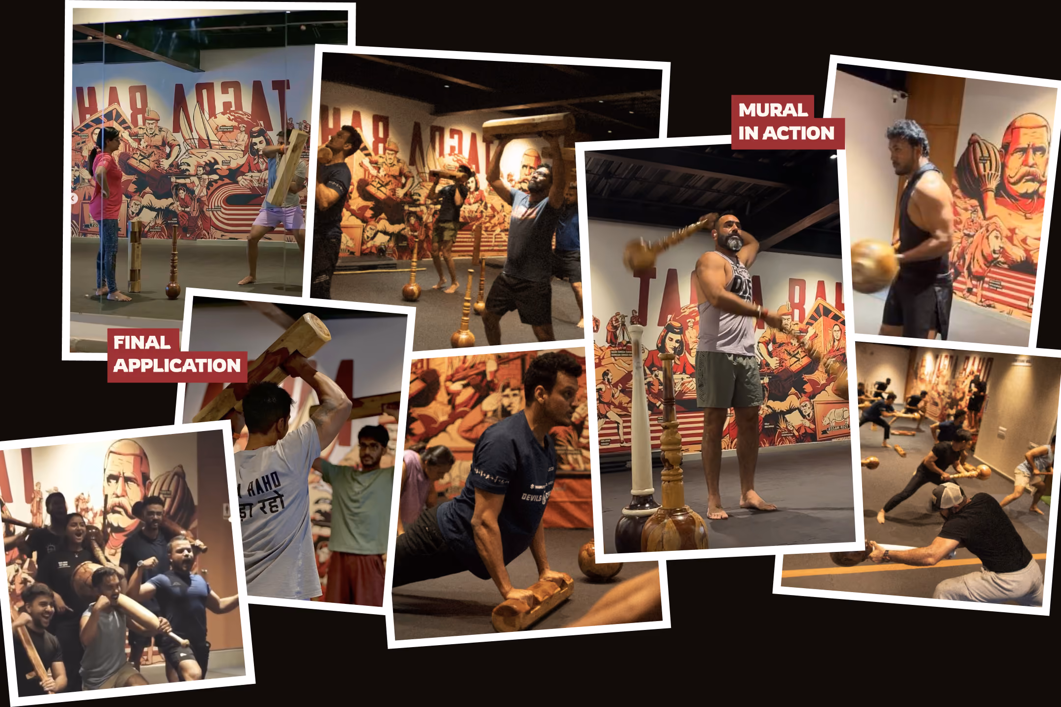 Collage of photos showing people performing exercises with wooden clubs and weights inside a gym with large murals of strong figures on the walls; some photos are labeled 'Final Application' and 'Mural in Action'.