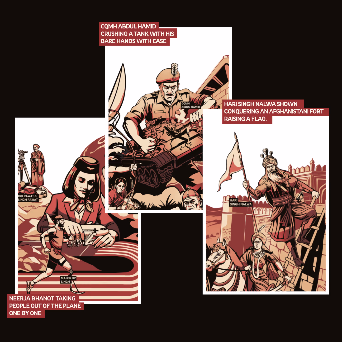 Illustrations depicting historical and heroic figures: CQMH Abdul Hamid crushing a tank with bare hands, Hari Singh Nalwa raising a flag on an Afghan fort, and Neerja Bhanot helping people escape from a plane, alongside figures Major DP Singh and Singh Rawat in military attire.